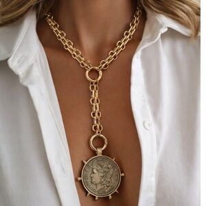 Gold Plated Vintage Coin Necklace – Statement Medallion Y Lariat